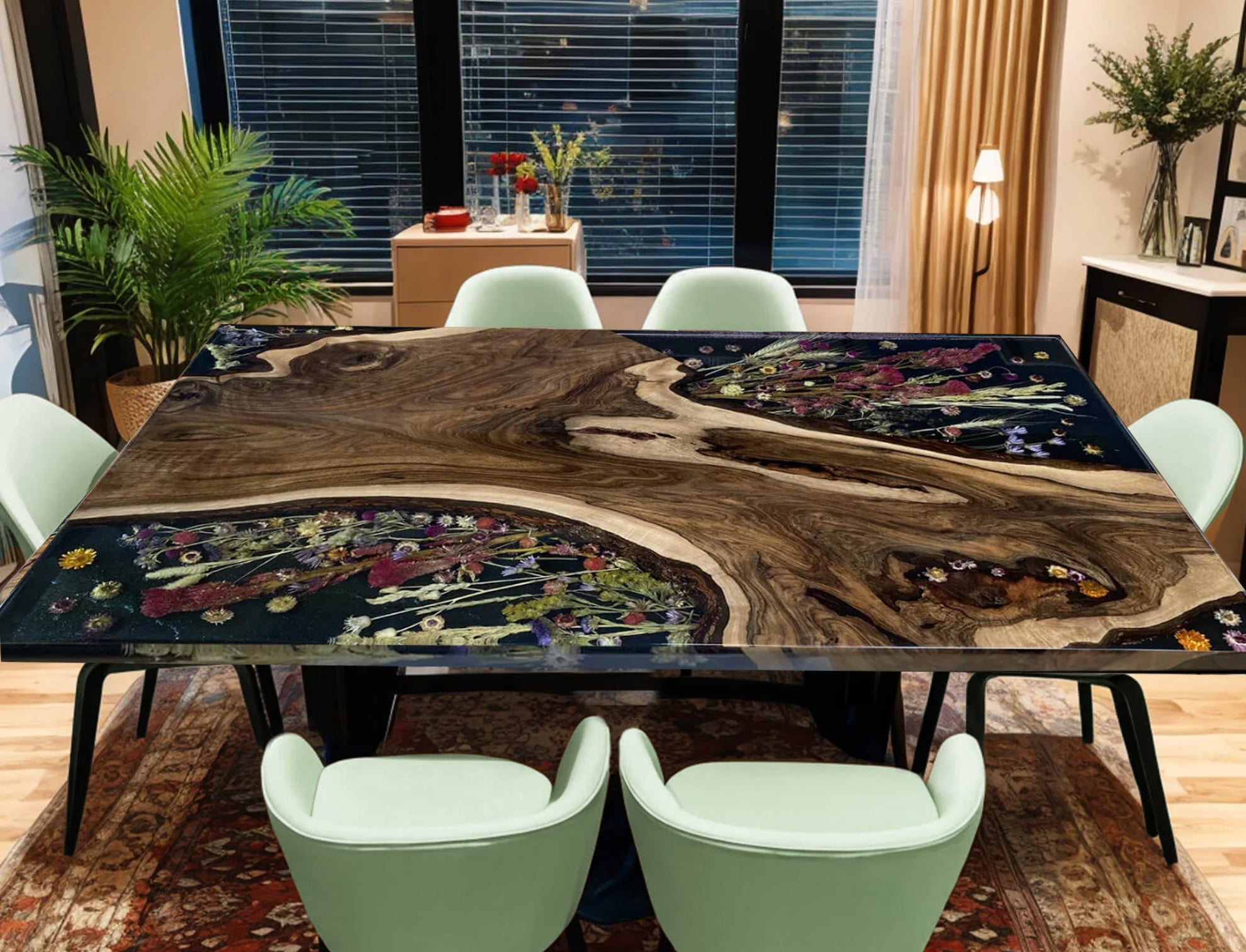 Custom Black Walnut Epoxy Resin Flower Table – Black Resin BWB-30