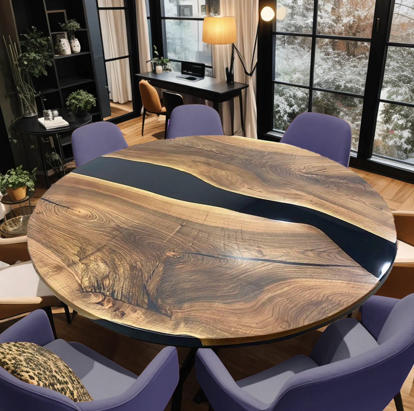 Custom Black Walnut Epoxy Resin Round Coffee Table – Black Resin BWB-34
