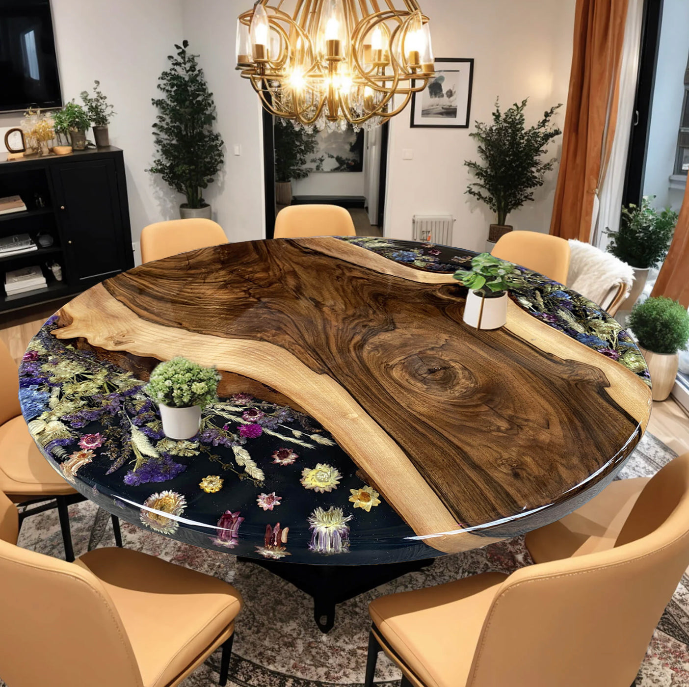 Custom Black Walnut Epoxy Resin Round Flower Coffee Table – Black Resin BWB-29