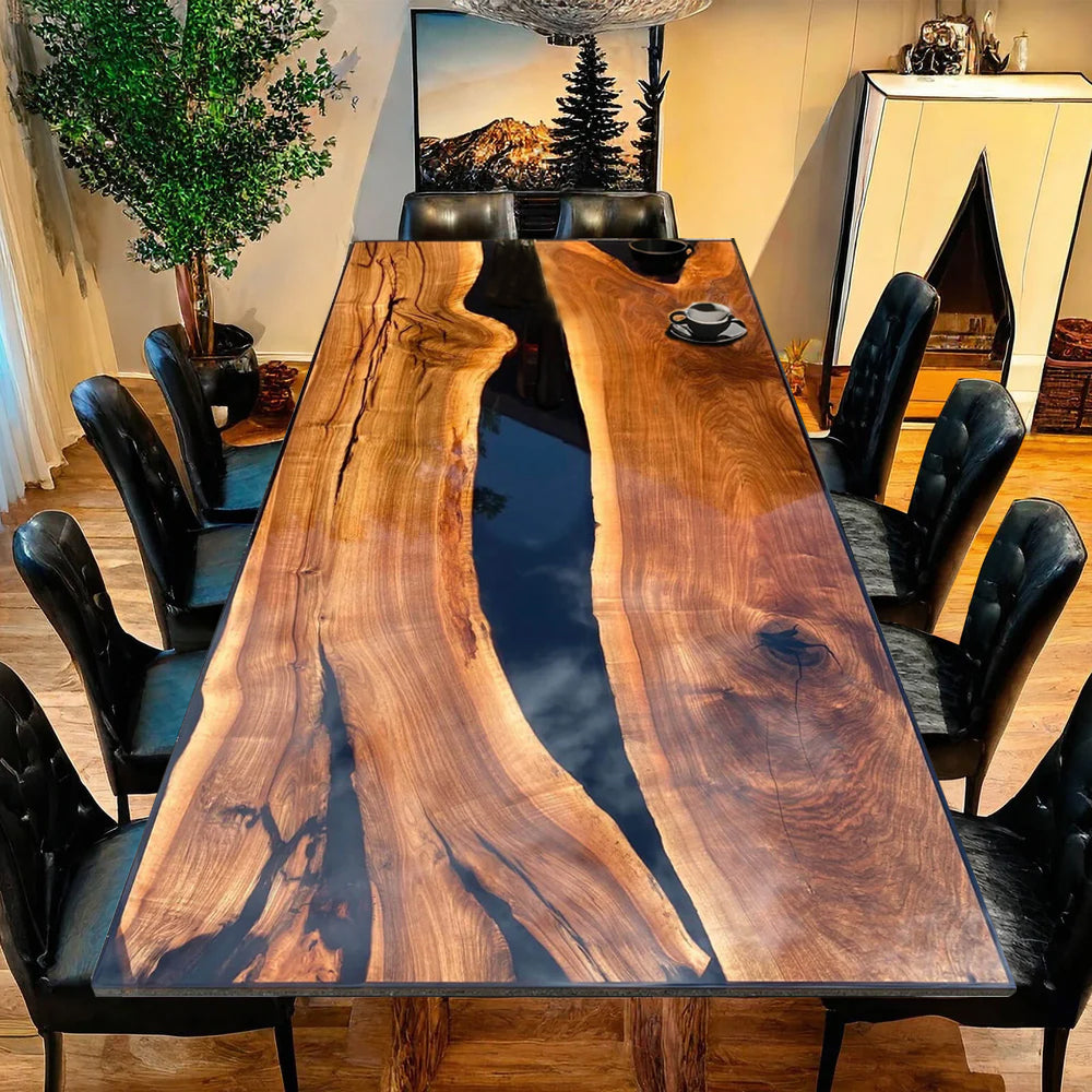 Custom Black Walnut Epoxy Resin River Table – Glossy Black Resin BWB-48