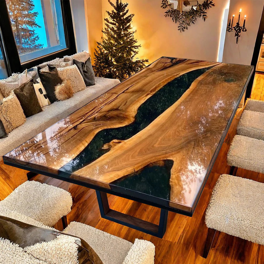 Custom Black Walnut Epoxy Resin River Table – Glossy Black Resin BWB-48