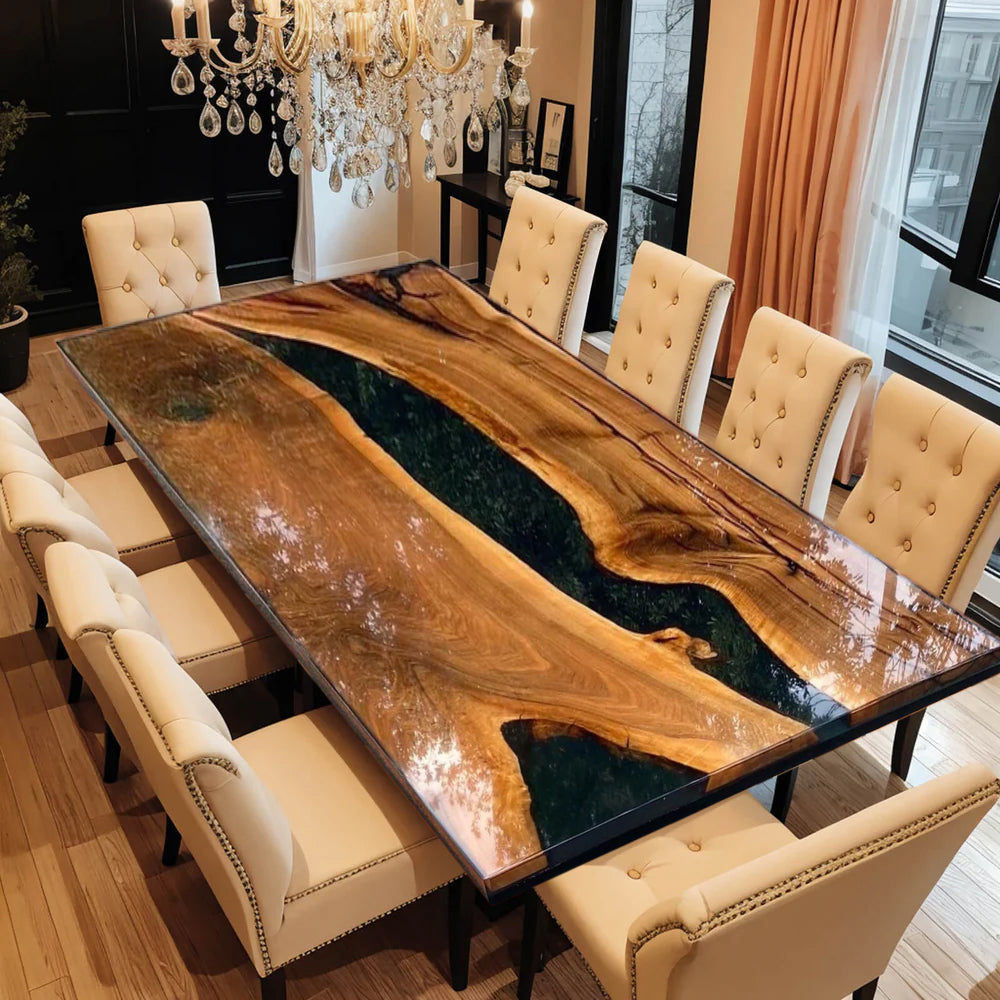 Custom Black Walnut Epoxy Resin River Table – Glossy Black Resin BWB-48