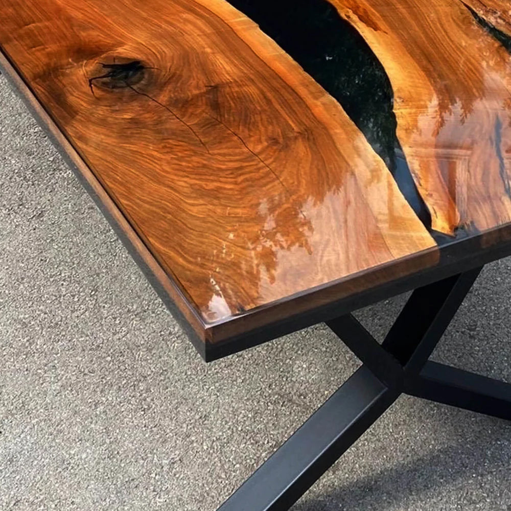 Custom Black Walnut Epoxy Resin River Table – Glossy Black Resin BWB-48