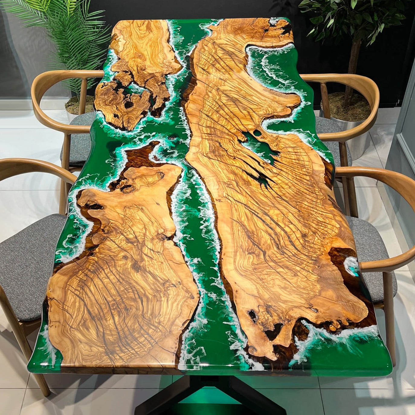 Custom Olive Wood Epoxy Resin Ocean Table - Pearl Green Wave Resin OG-22