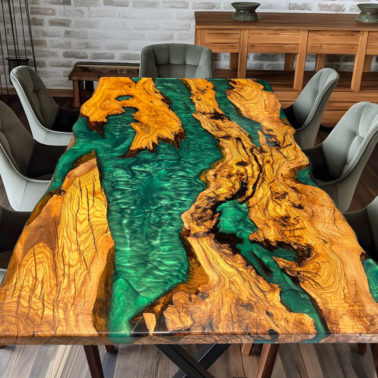 Custom Olive Wood Epoxy Resin River Table – Emerald Green Resin OG-33