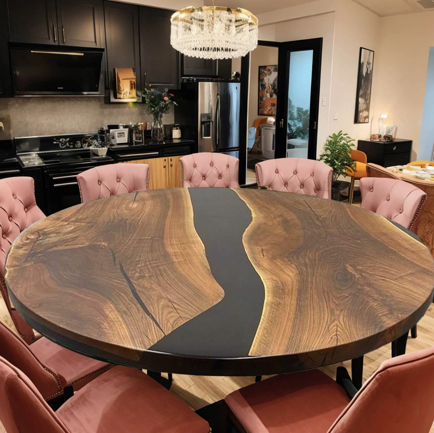 Custom Black Walnut Epoxy Resin Round Coffee Table – Black Resin BWB-34