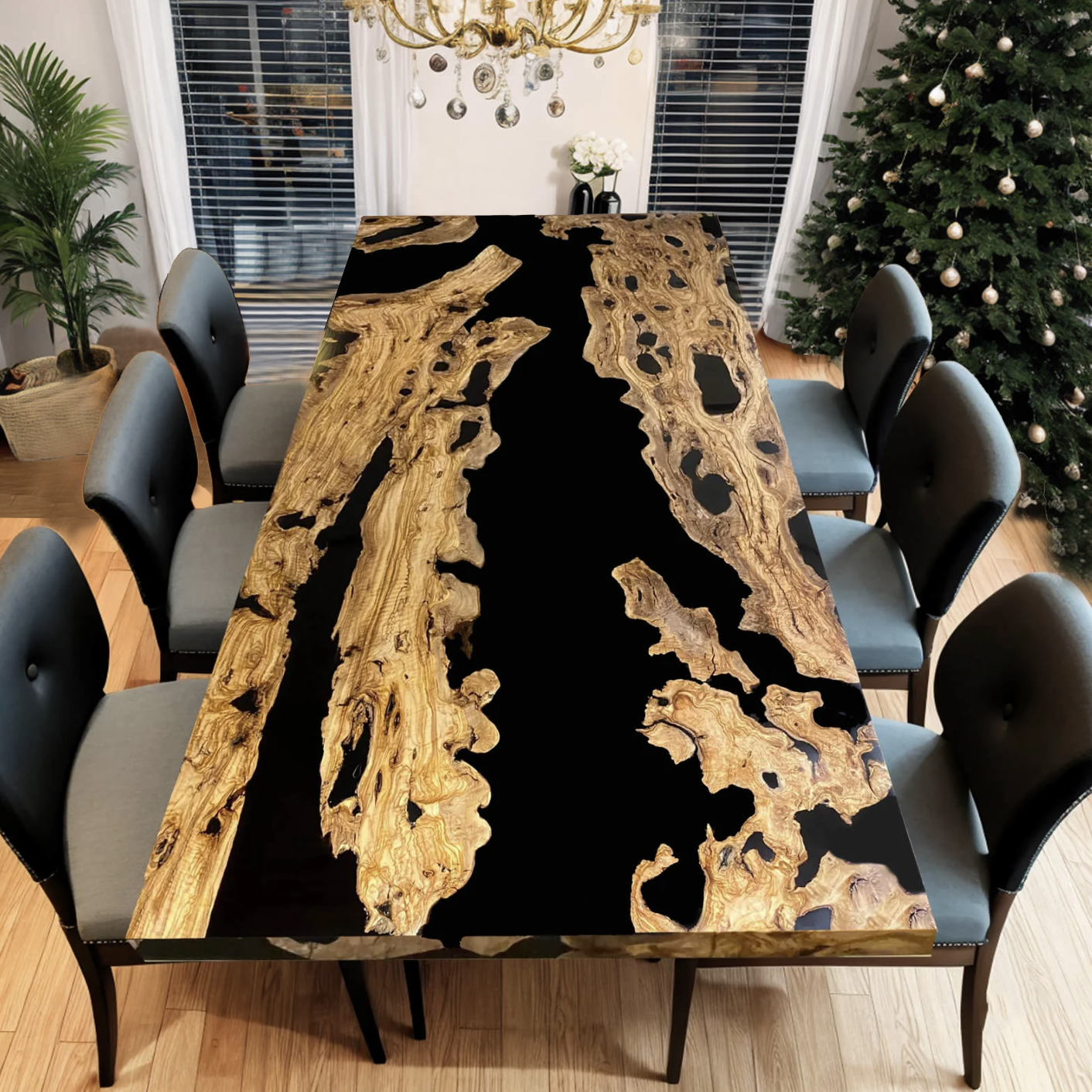 Custom Olive Wood Epoxy Resin River Table – Black Resin OG-27