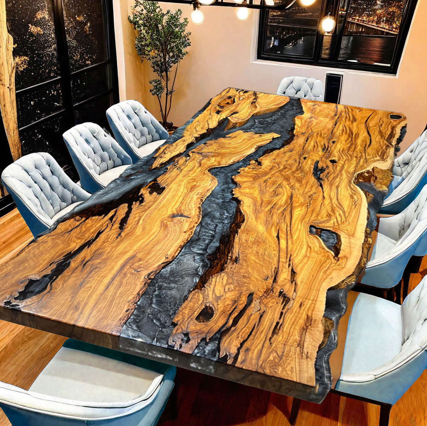 Custom Olive Wood Epoxy Resin River Table – Volcanic Gray Resin OG-35