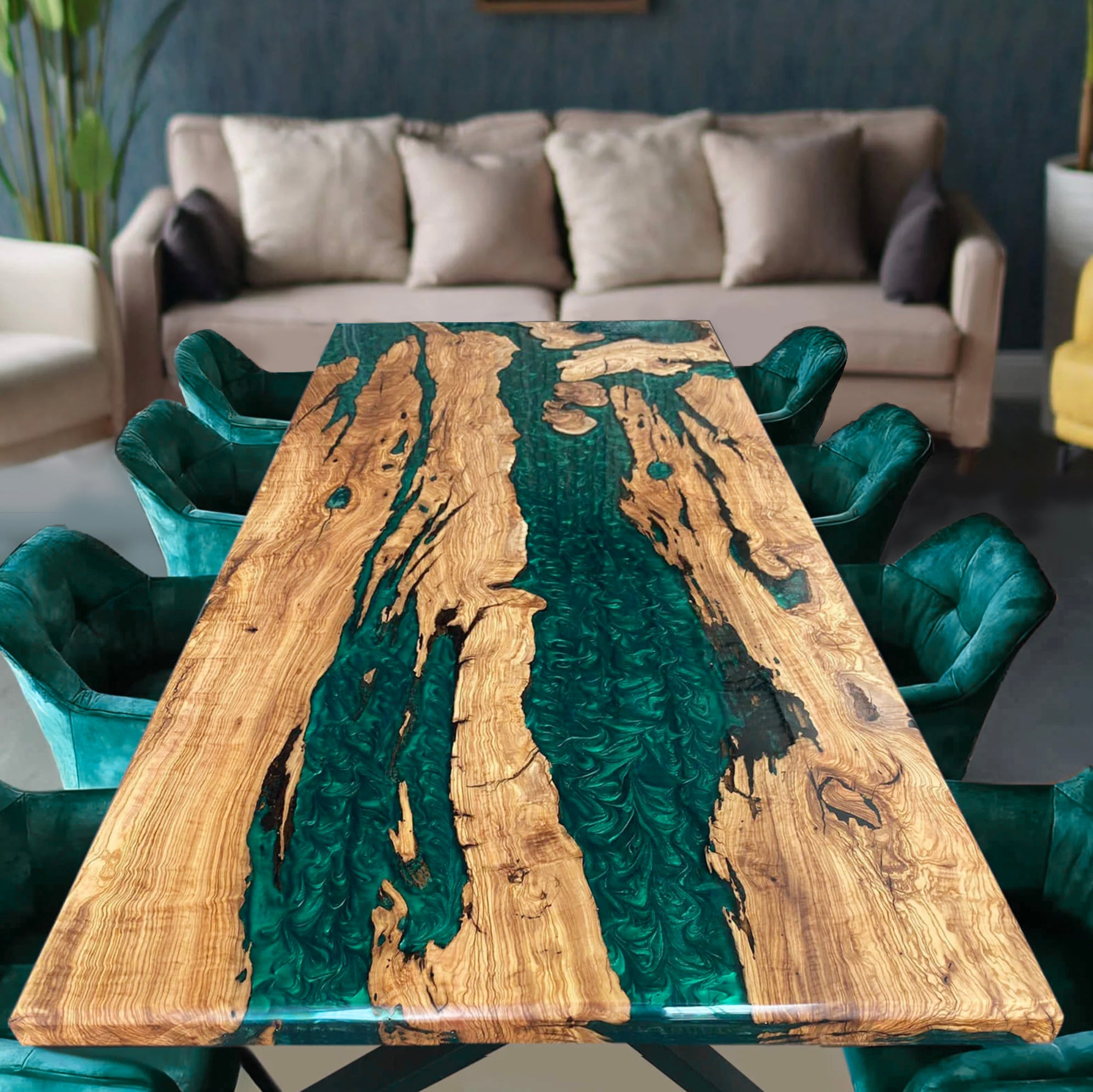 Custom Olive Wood Epoxy Resin River Table – Green Resin OG-32