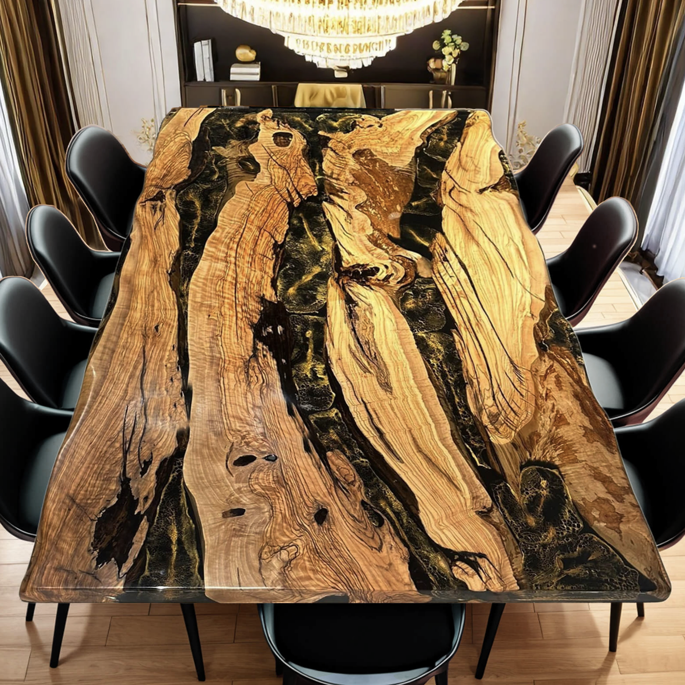 Custom Olive Wood Epoxy Resin River Table – Black Resin OG-26
