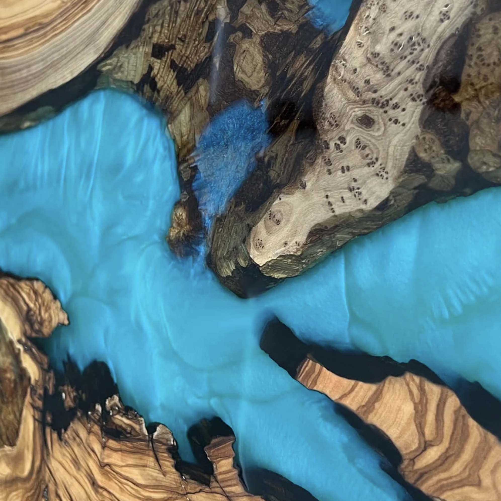 Custom Olive Wood Epoxy Resin River Table – Blue Resin OB-34