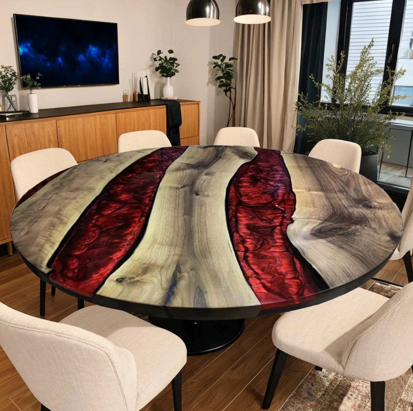 Custom Black Walnut Epoxy Resin Round Coffee Table – Red Resin BWR-28