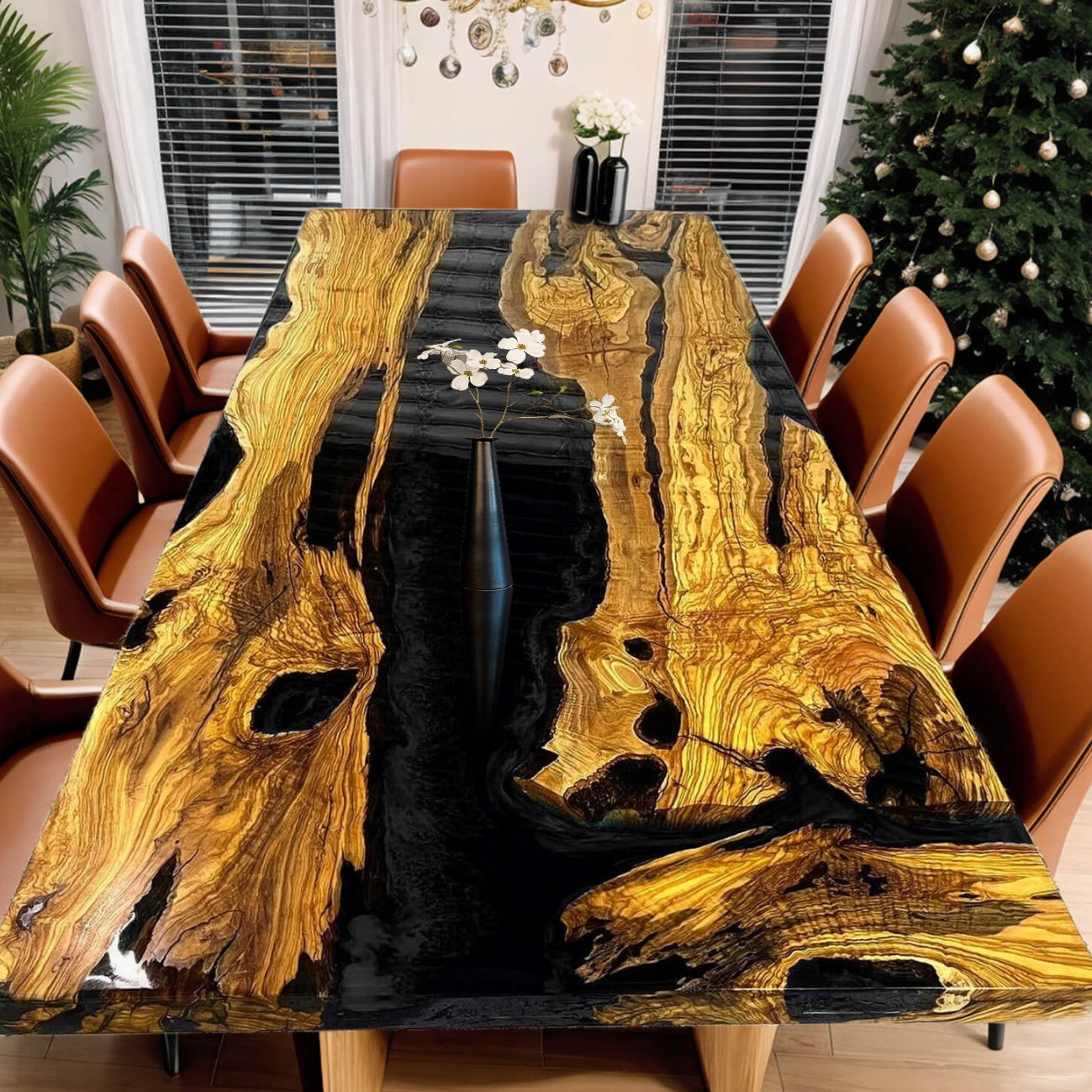 Custom Olive Wood Epoxy Resin River Table – Black Pearl OB-23