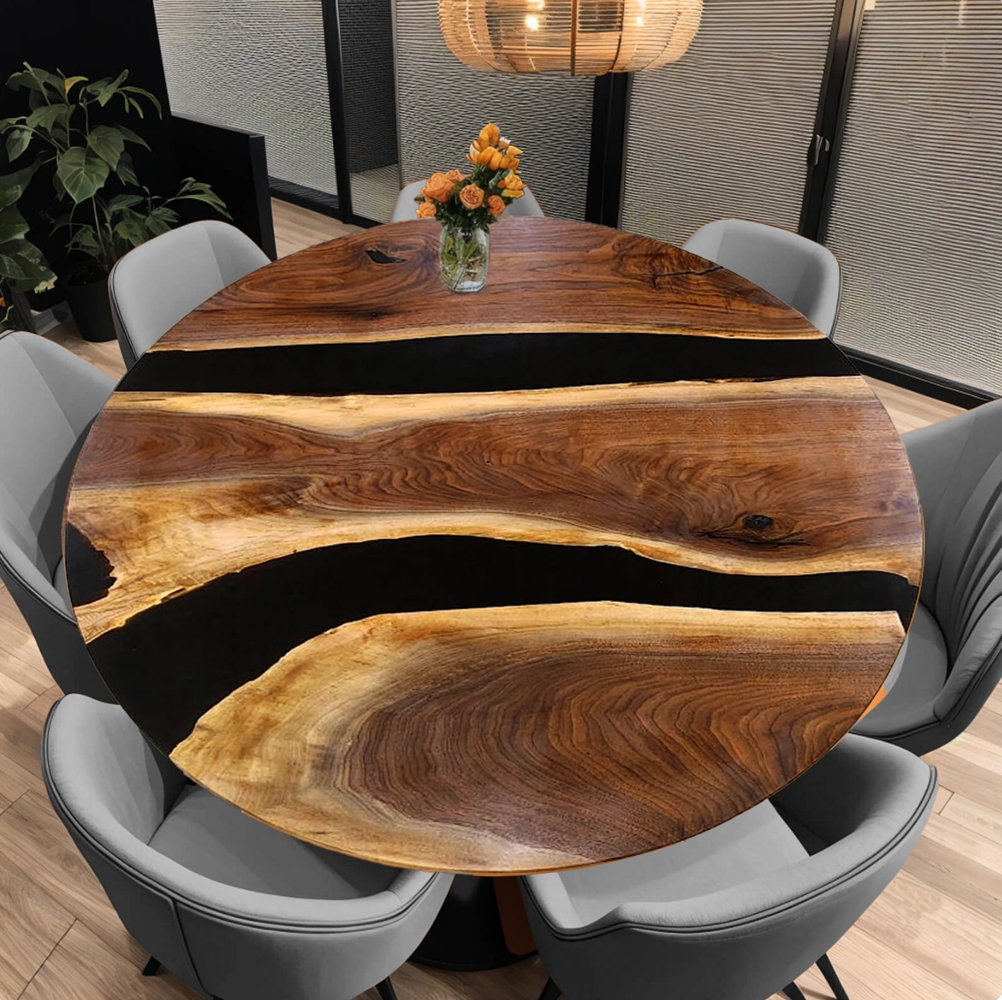 Custom Black Walnut Epoxy Resin Round Coffee Table – Black Resin BWB-32