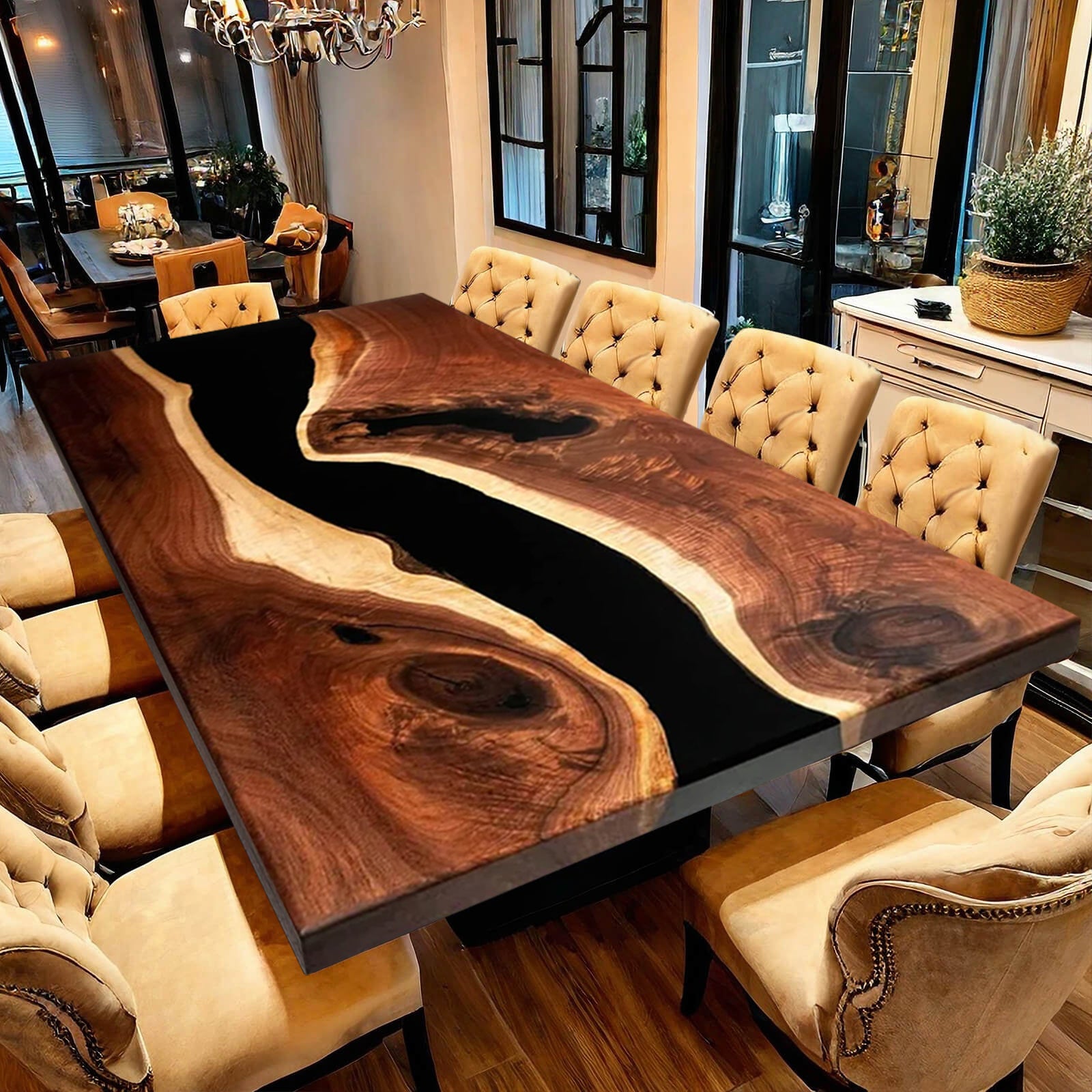 Custom Black Walnut Epoxy Resin River Table – Black Resin BWB-50