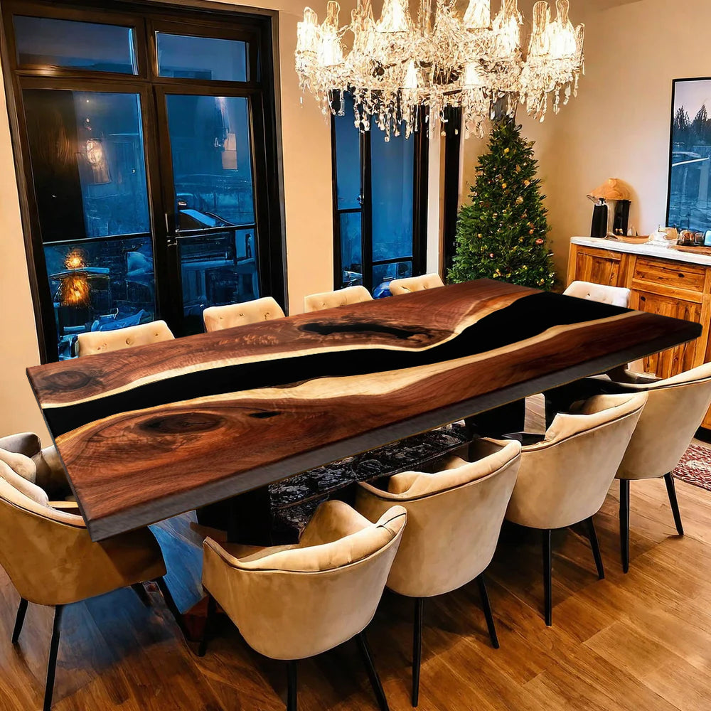 Custom Black Walnut Epoxy Resin River Table – Black Resin BWB-50