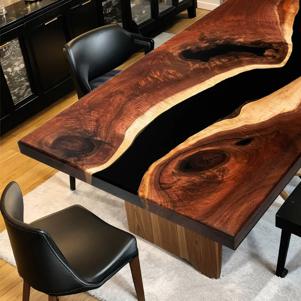 Custom Black Walnut Epoxy Resin River Table – Black Resin BWB-50