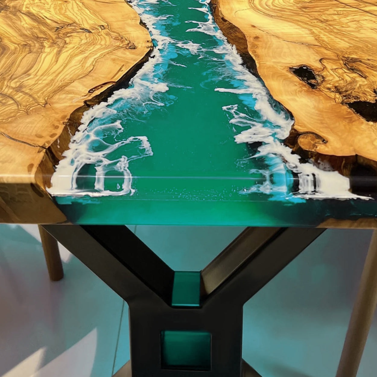 Custom Olive Wood Epoxy Resin Ocean Table - Pearl Green Wave Resin OG-22