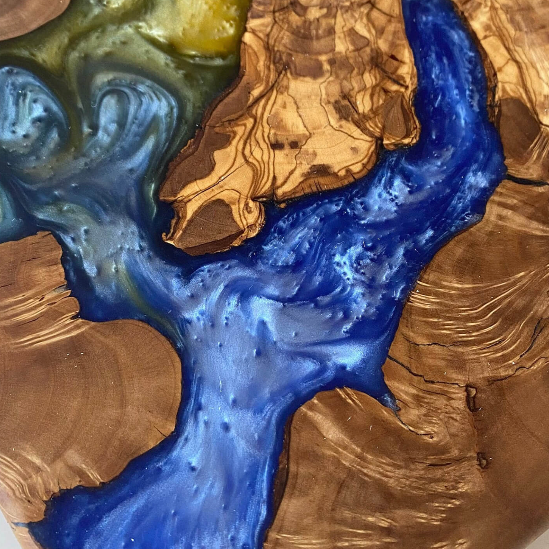 Custom Olive Wood Epoxy Resin River Table – Blue-Green Resin OB-30