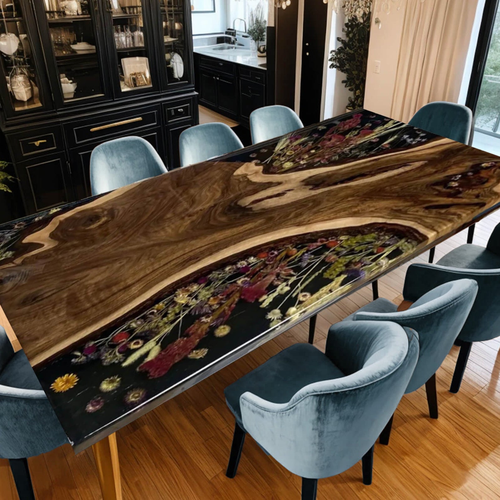 Custom Black Walnut Epoxy Resin Flower Table – Black Resin BWB-30