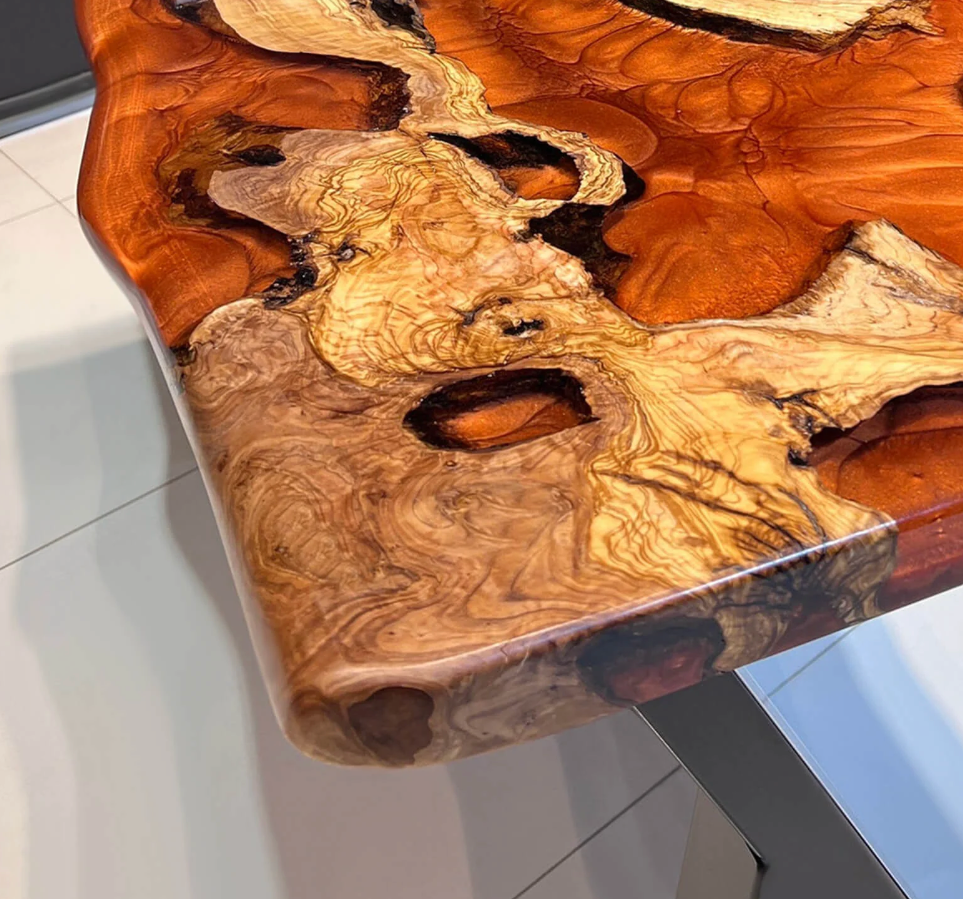 Custom Olive Wood Epoxy Resin River Table – Orange Resin OR-31