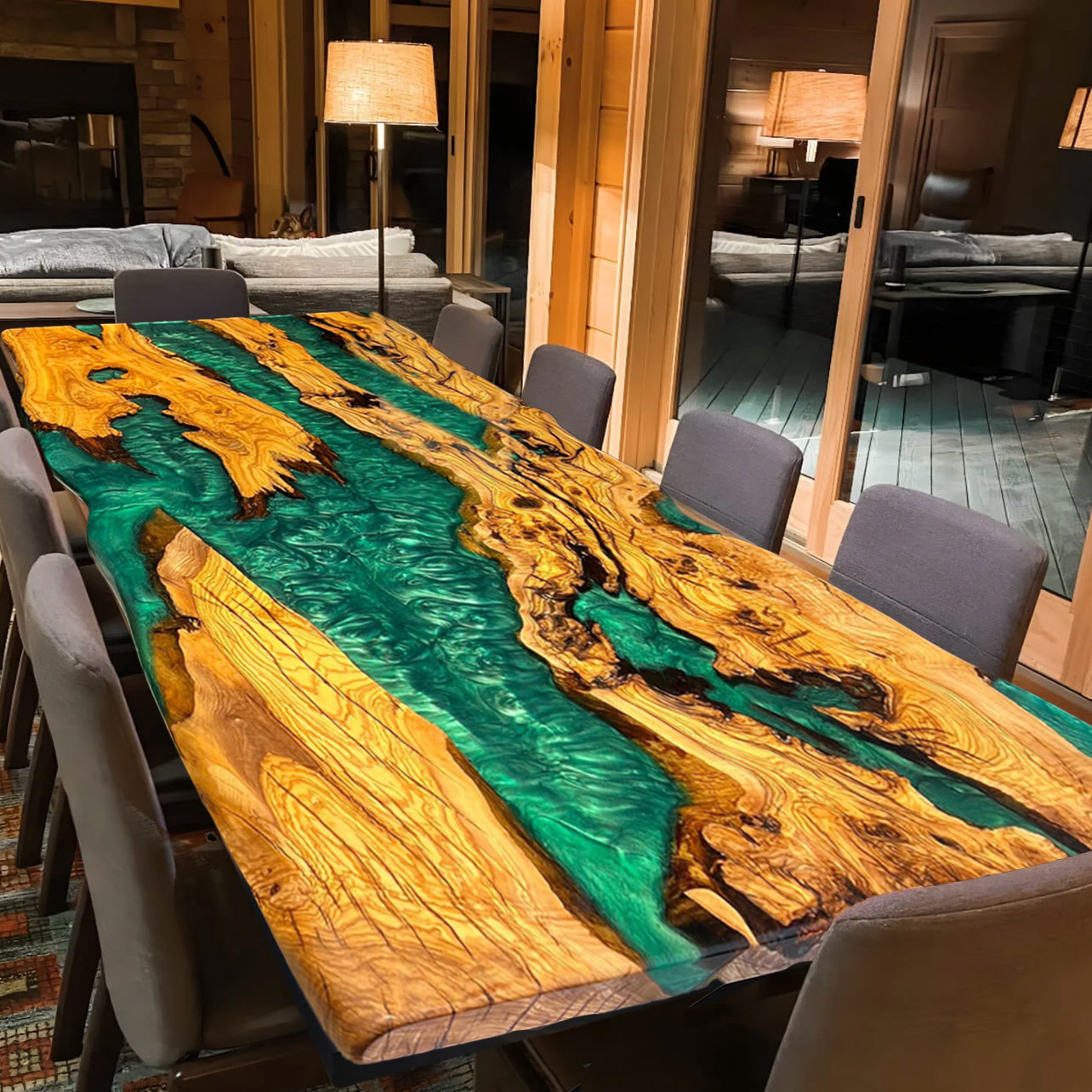 Custom Olive Wood Epoxy Resin River Table – Emerald Green Resin OG-33