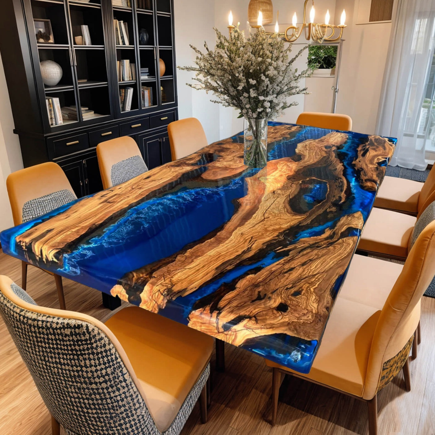 Custom Olive Wood Epoxy Resin River Table – Blue Wave OB-24
