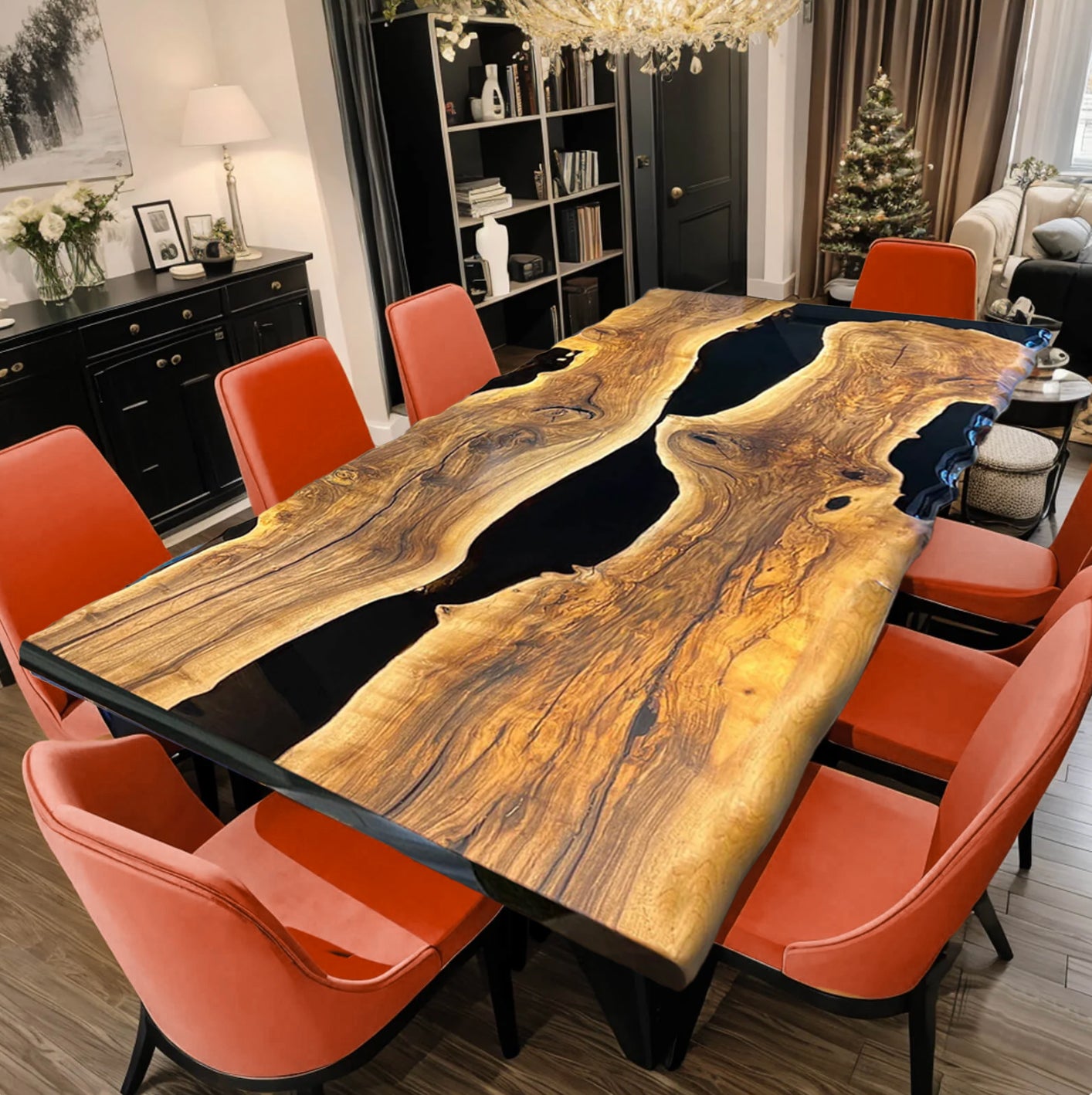 Custom Olive Wood Epoxy Resin Table – Black Resin OB-37