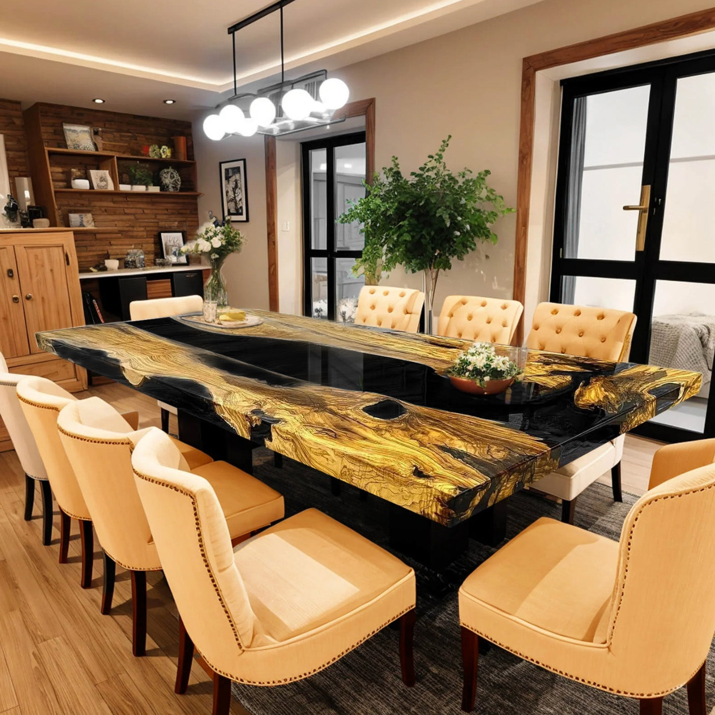 Custom Olive Wood Epoxy Resin River Table – Black Pearl OB-23