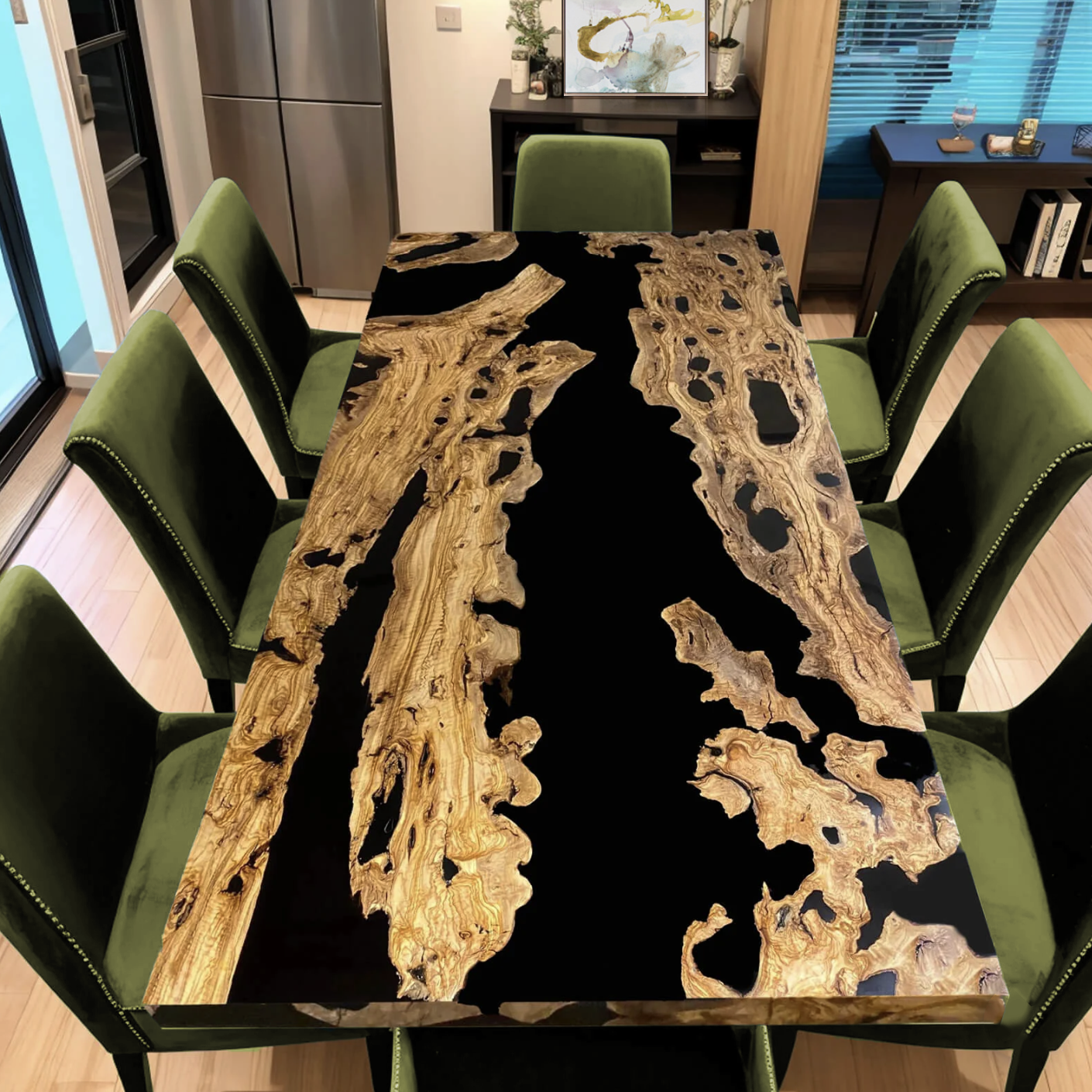 Custom Olive Wood Epoxy Resin River Table – Black Resin OG-27