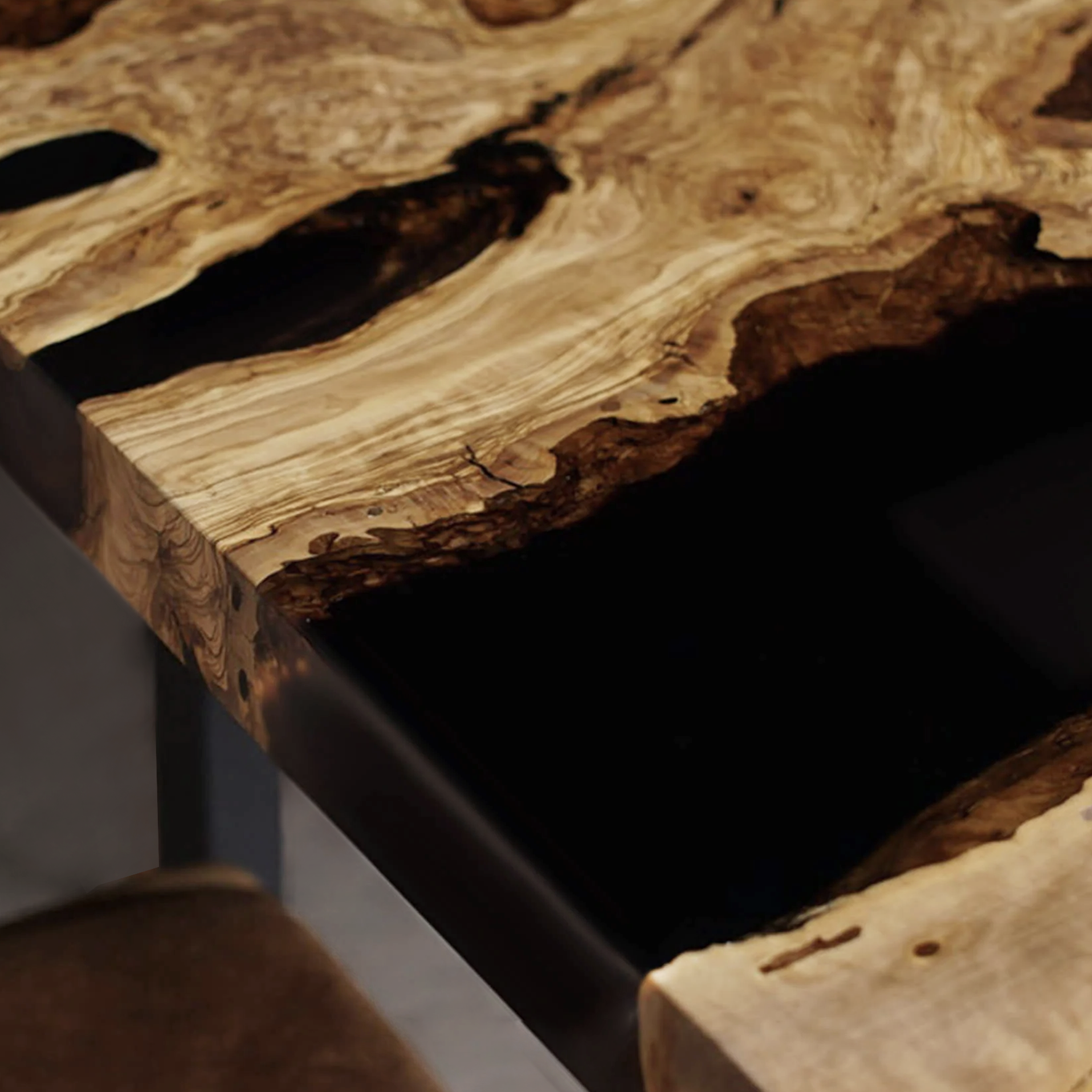 Custom Olive Wood Epoxy Resin River Table – Black Resin OB-29