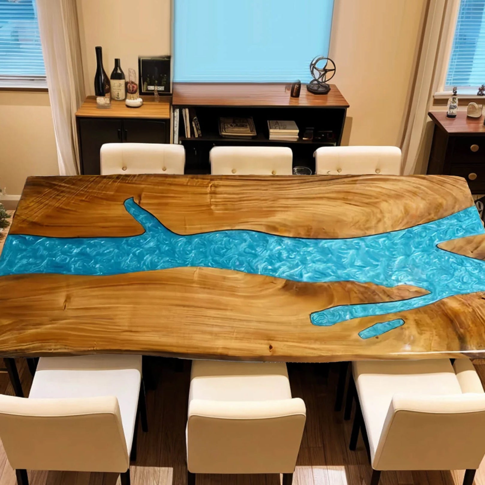 Custom Black Walnut Epoxy Resin River Table – Blue Resin BWB-23