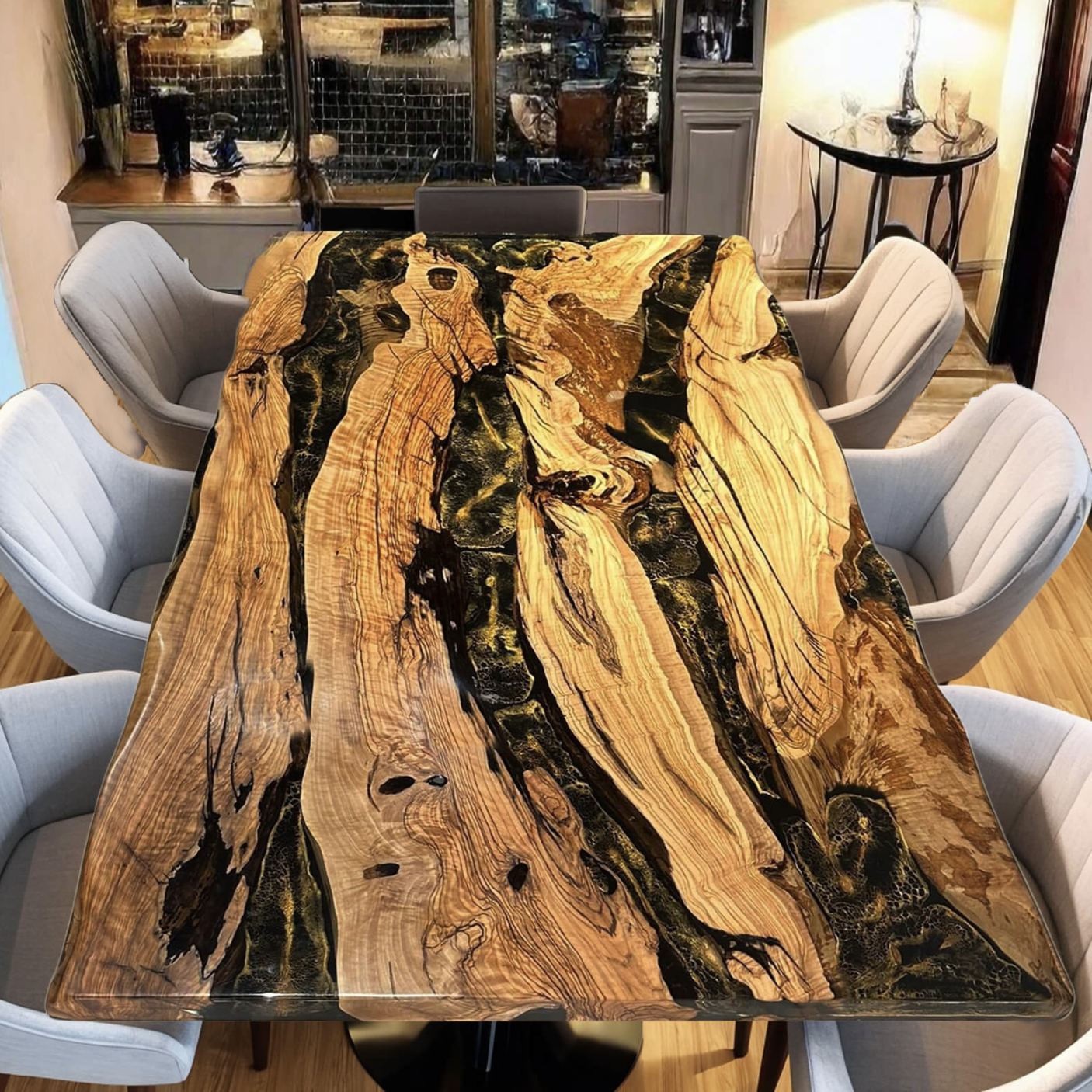 Custom Olive Wood Epoxy Resin River Table – Black Resin OG-26