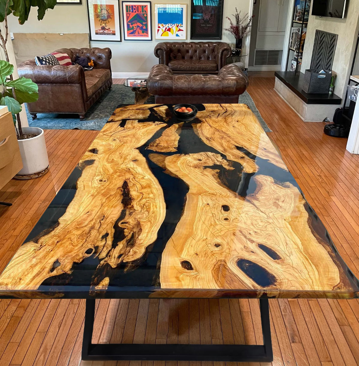 Custom Olive Wood Epoxy Resin River Table – Black Resin OG-28