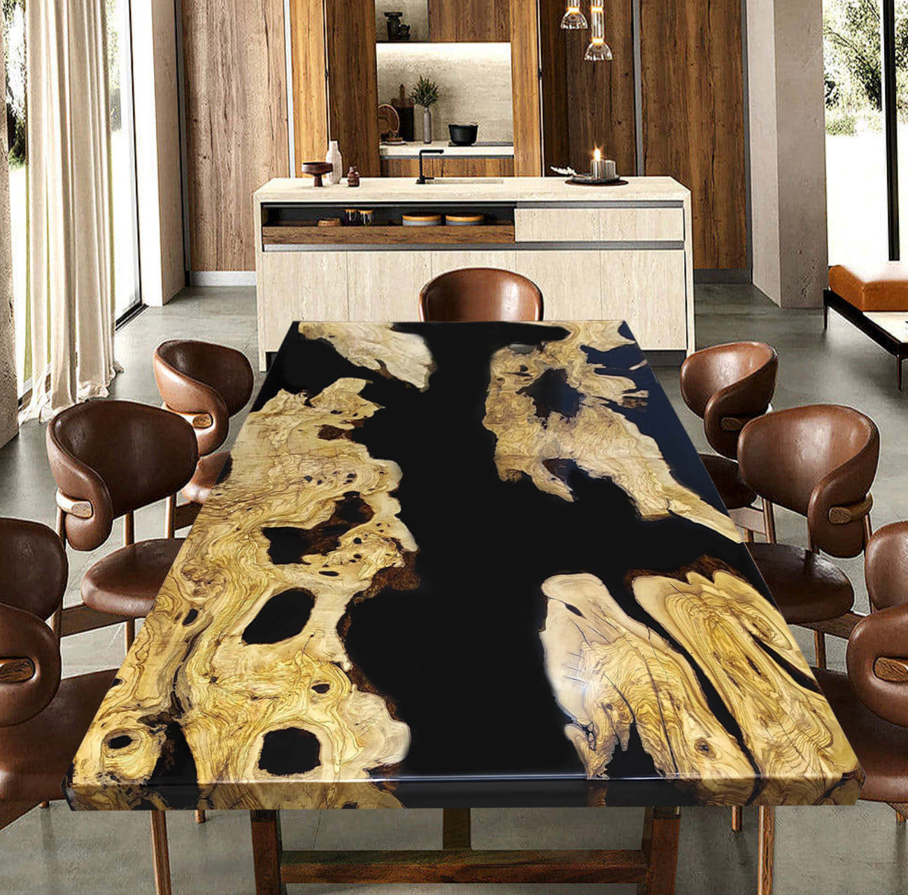 Custom Olive Wood Epoxy Resin Table – Black Resin OB-36