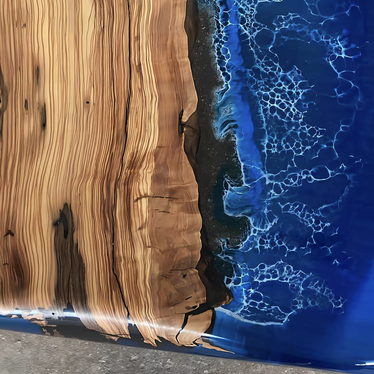 Custom Olive Wood Epoxy Resin River Table – Blue Wave OB-24