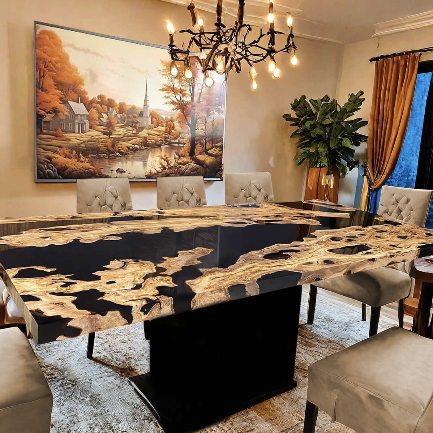 Custom Olive Wood Epoxy Resin River Table – Black Resin OG-27