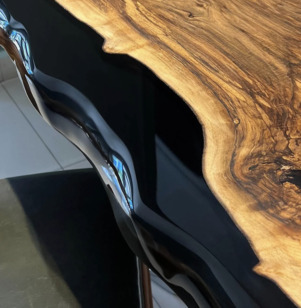 Custom Olive Wood Epoxy Resin Table – Black Resin OB-37
