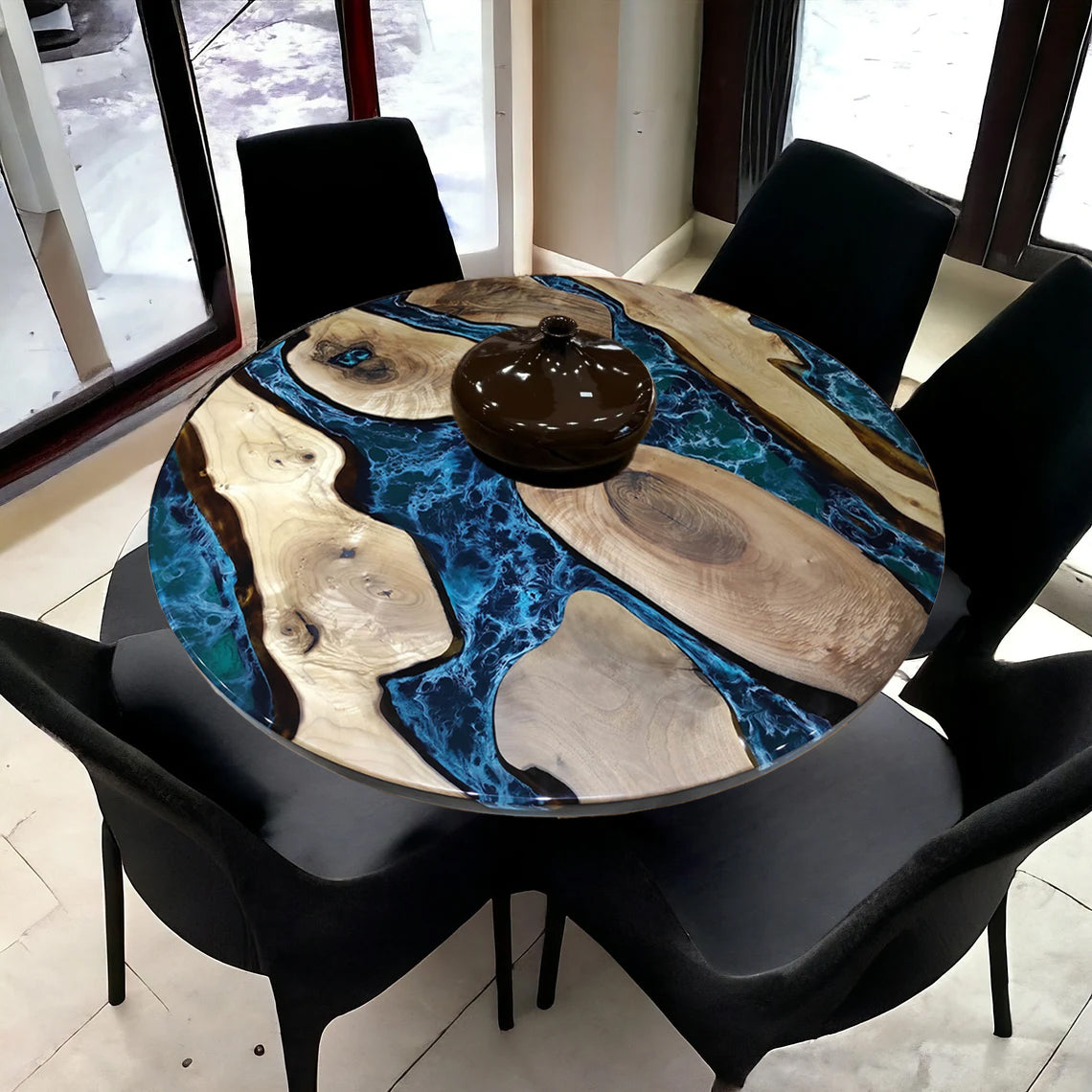 Custom Black Walnut Epoxy Resin Round Coffee Table – Blue Resin BWB-26