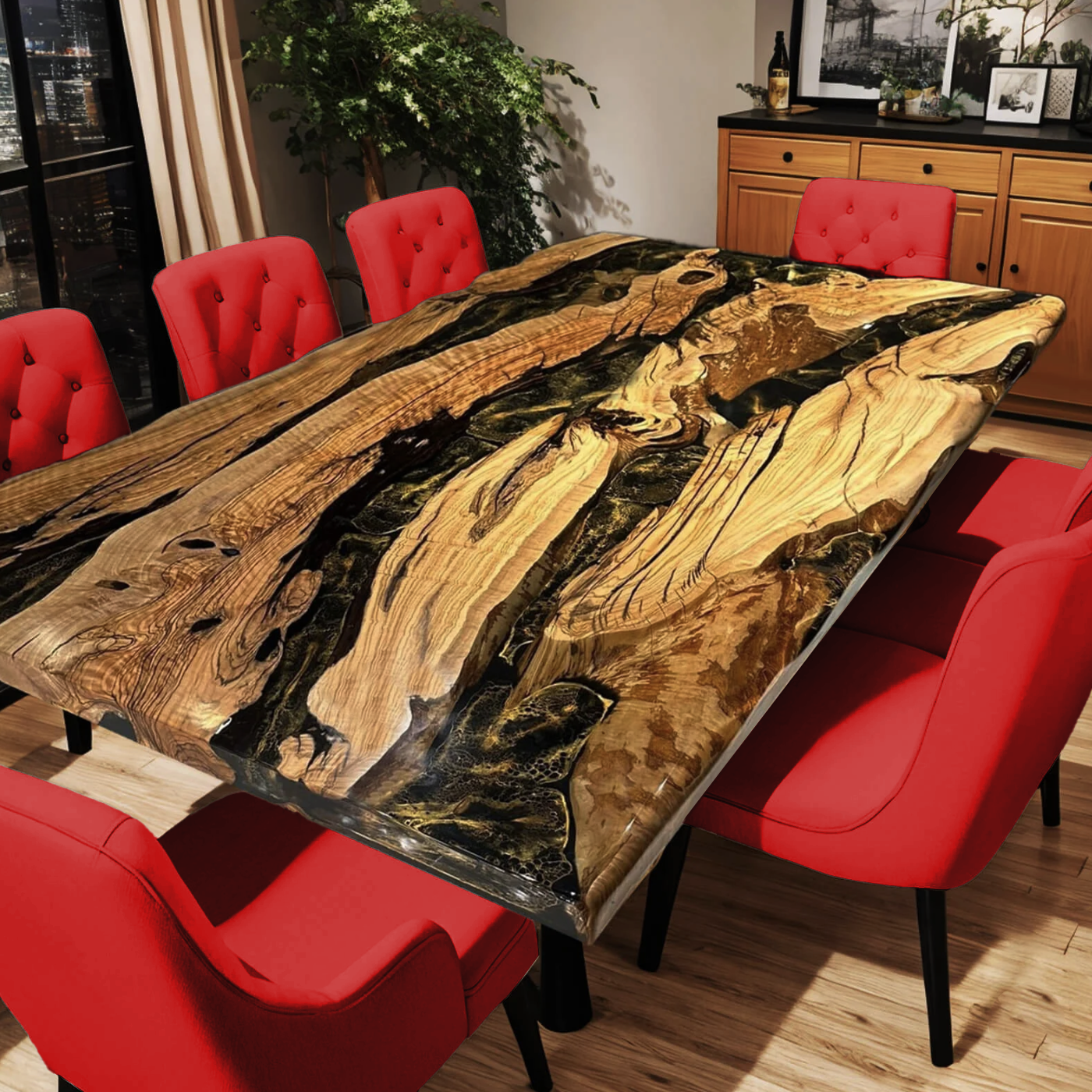 Custom Olive Wood Epoxy Resin River Table – Black Resin OG-26