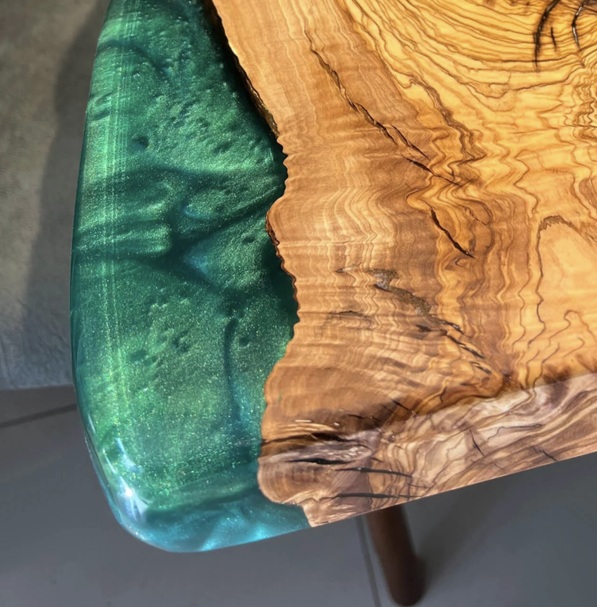 Custom Olive Wood Epoxy Resin River Table – Emerald Green Resin OG-33