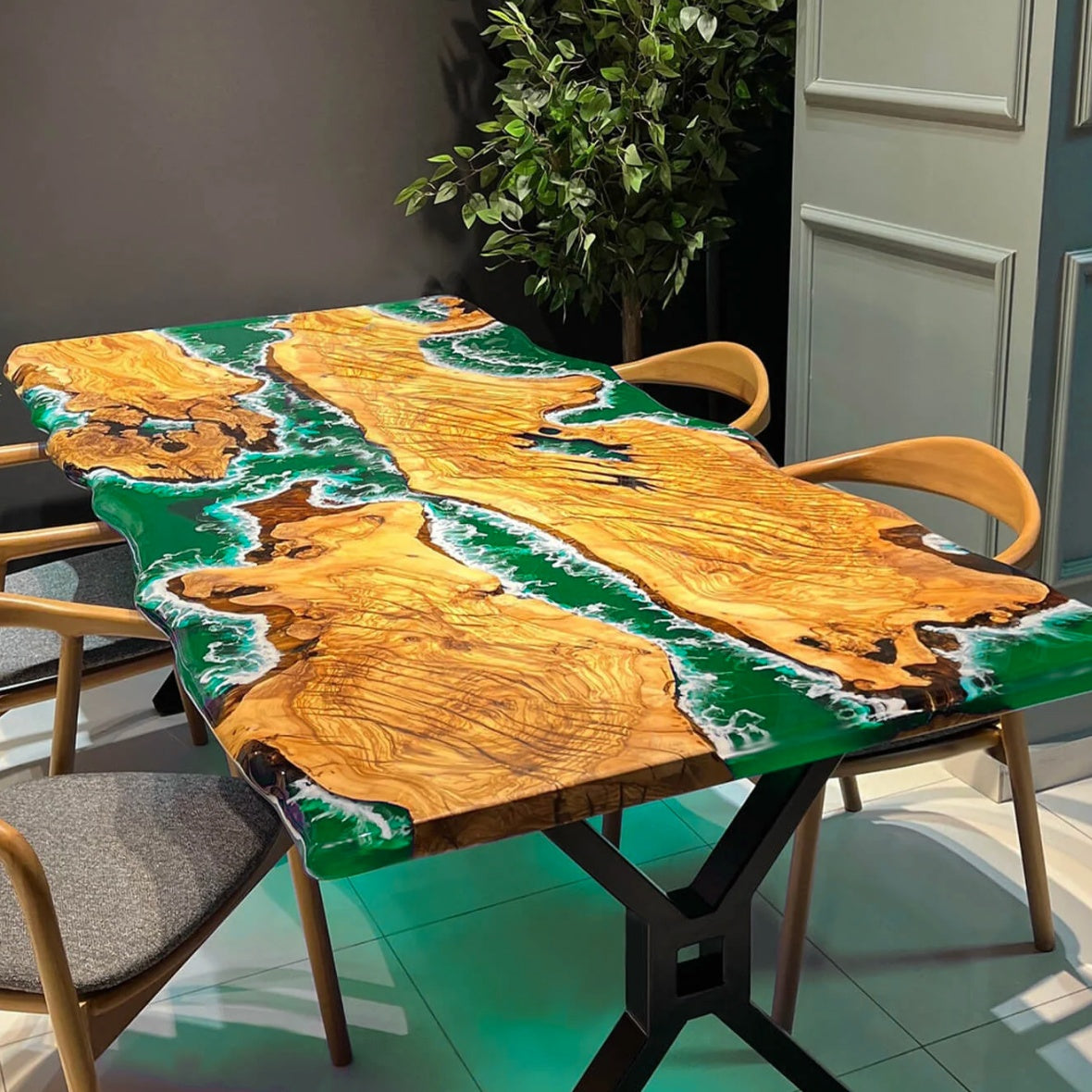 Custom Olive Wood Epoxy Resin Ocean Table - Pearl Green Wave Resin OG-22