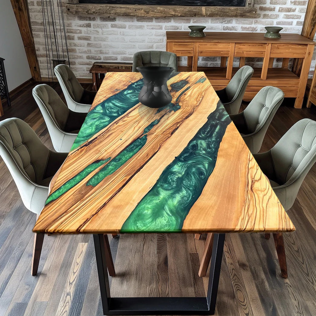 Custom Olive Wood Epoxy Resin River Table – Green Resin OG-25