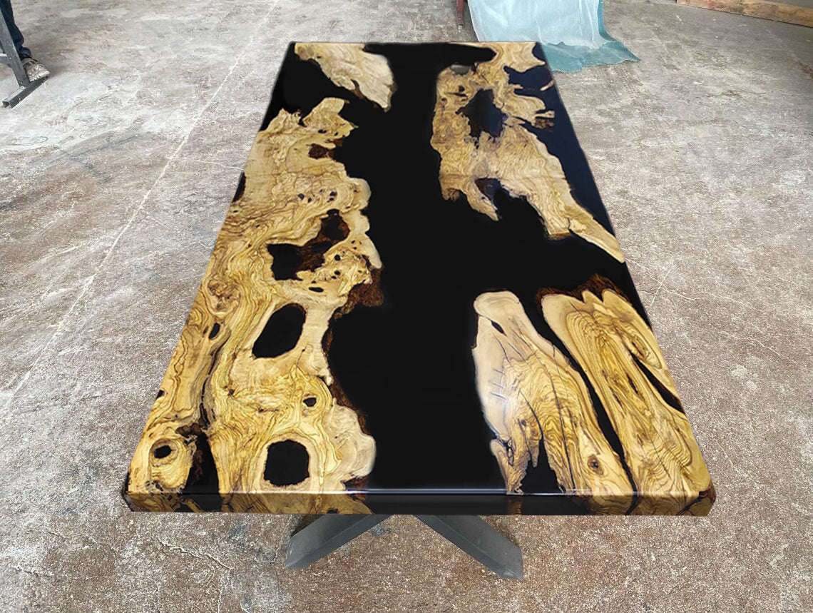Custom Olive Wood Epoxy Resin Table – Black Resin OB-36