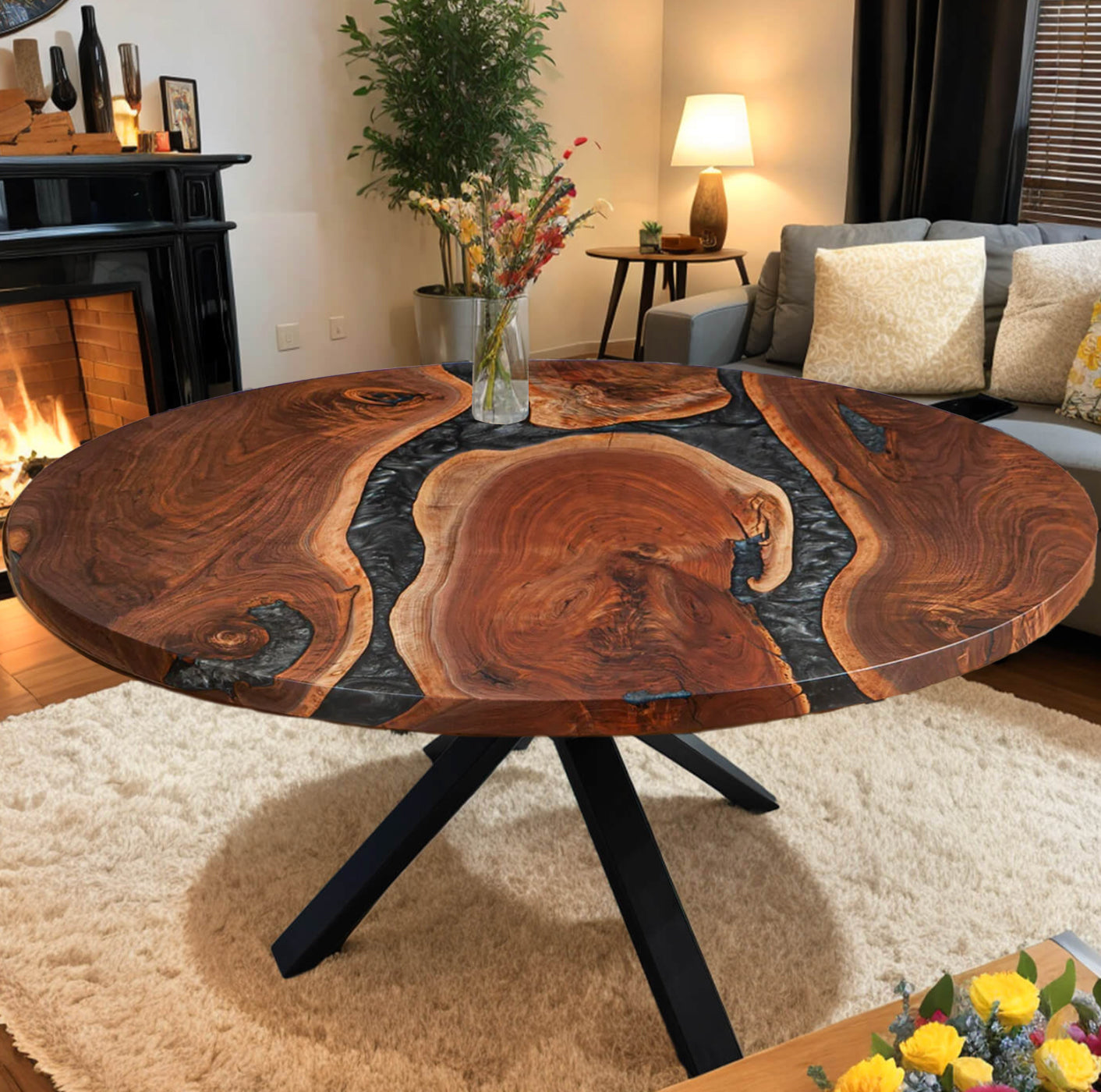 Custom Black Walnut Epoxy Resin Round Coffee Table – Volcanic Ash Resin BWA-27