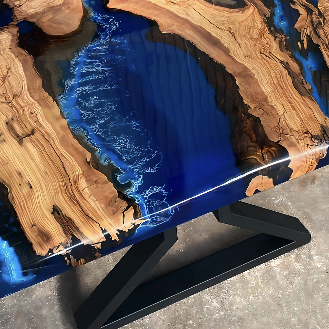 Custom Olive Wood Epoxy Resin River Table – Blue Wave OB-24