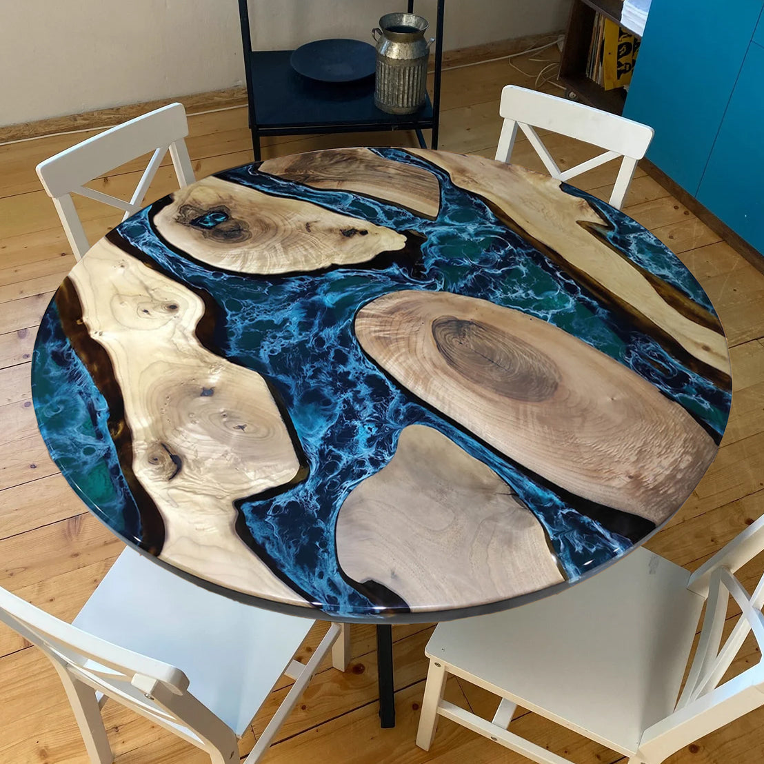 Custom Black Walnut Epoxy Resin Round Coffee Table – Blue Resin BWB-26