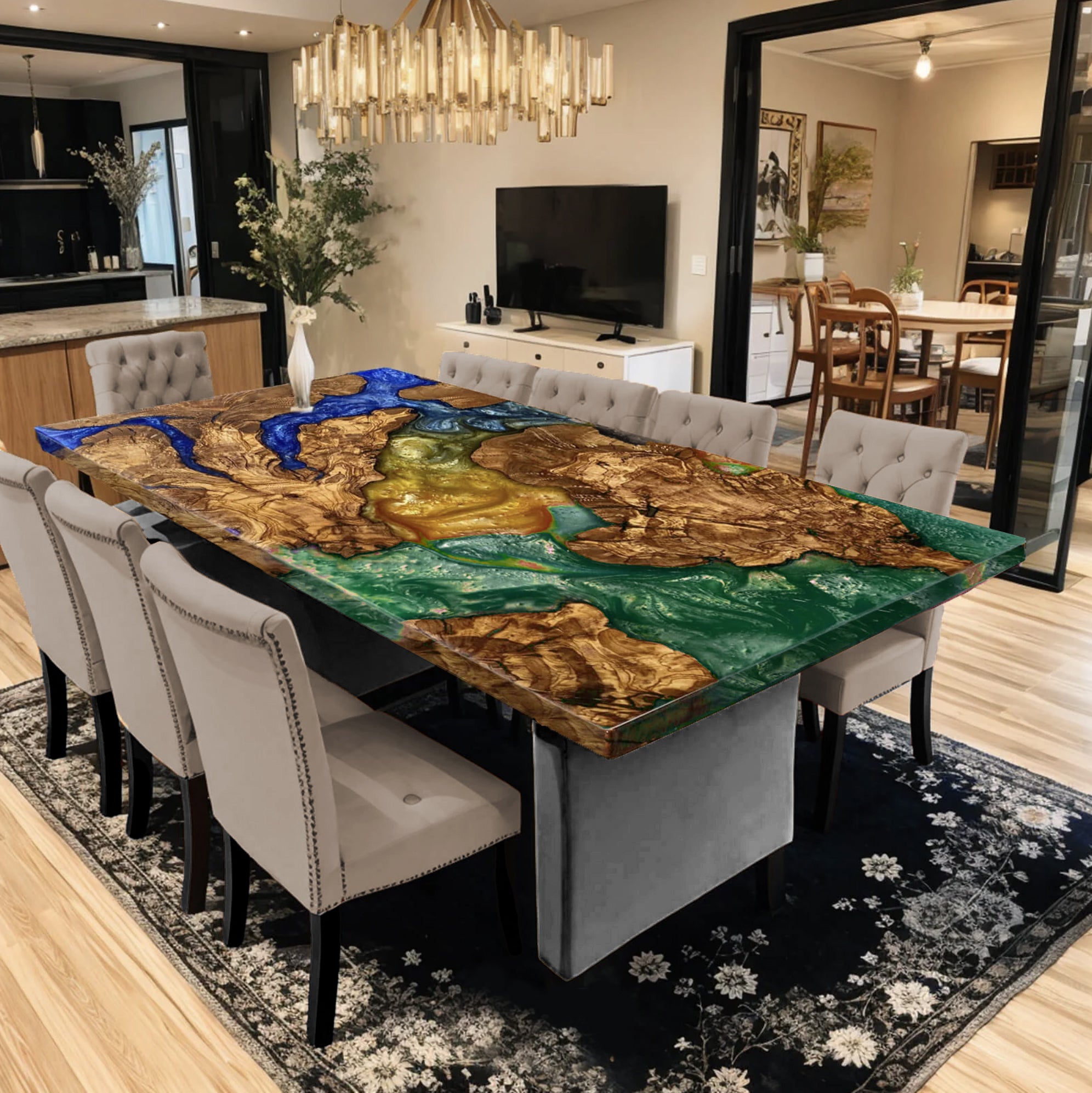 Custom Olive Wood Epoxy Resin River Table – Blue-Green Resin OB-30