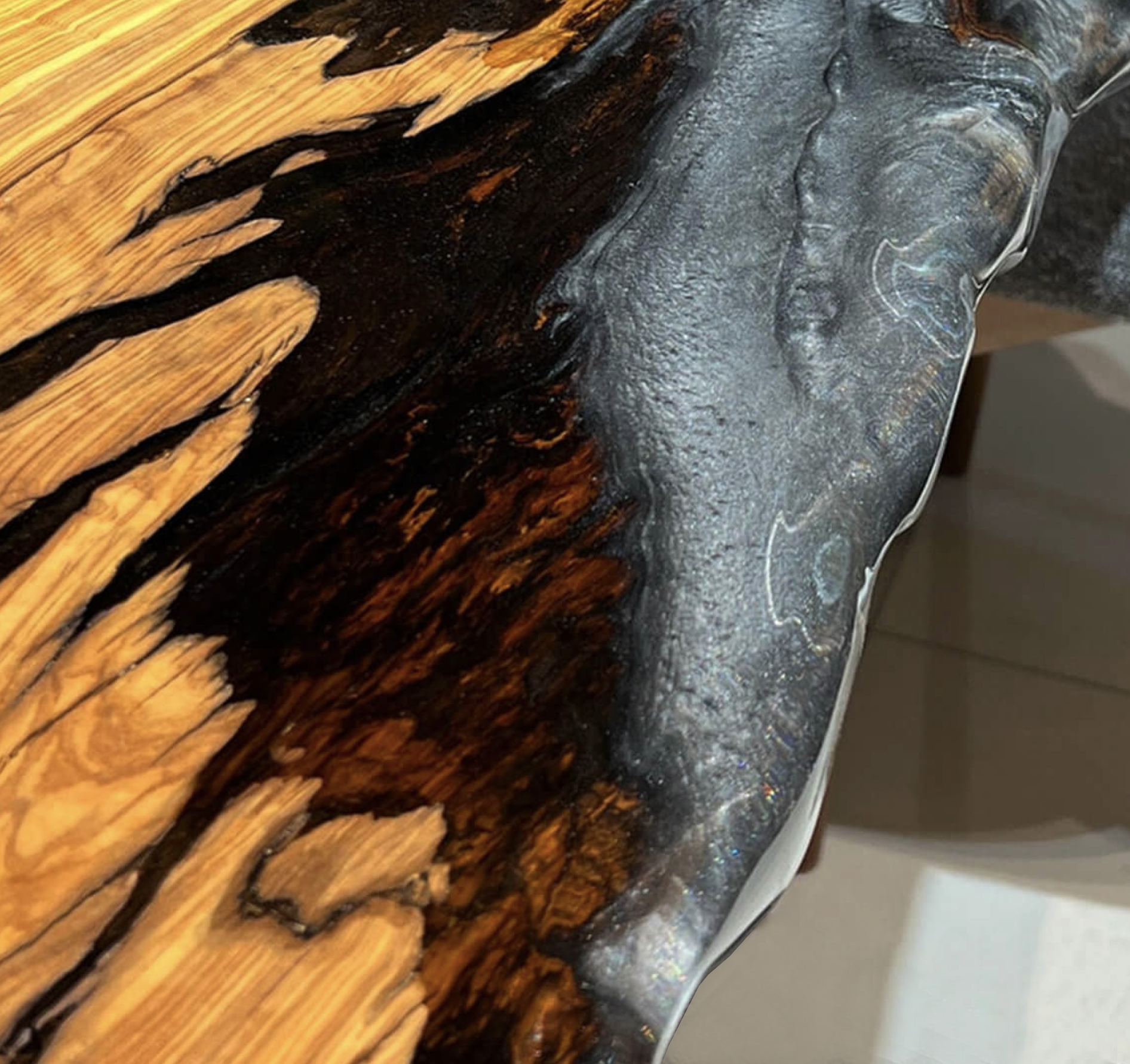 Custom Olive Wood Epoxy Resin River Table – Volcanic Gray Resin OG-35