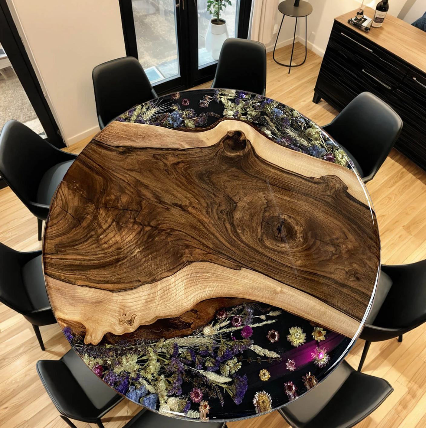 Custom Black Walnut Epoxy Resin Round Flower Coffee Table – Black Resin BWB-29